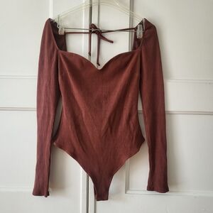 Lulu's Warm Brown Ribbed Long Sleeve Bodysuit Wide Neck Tie Back XL